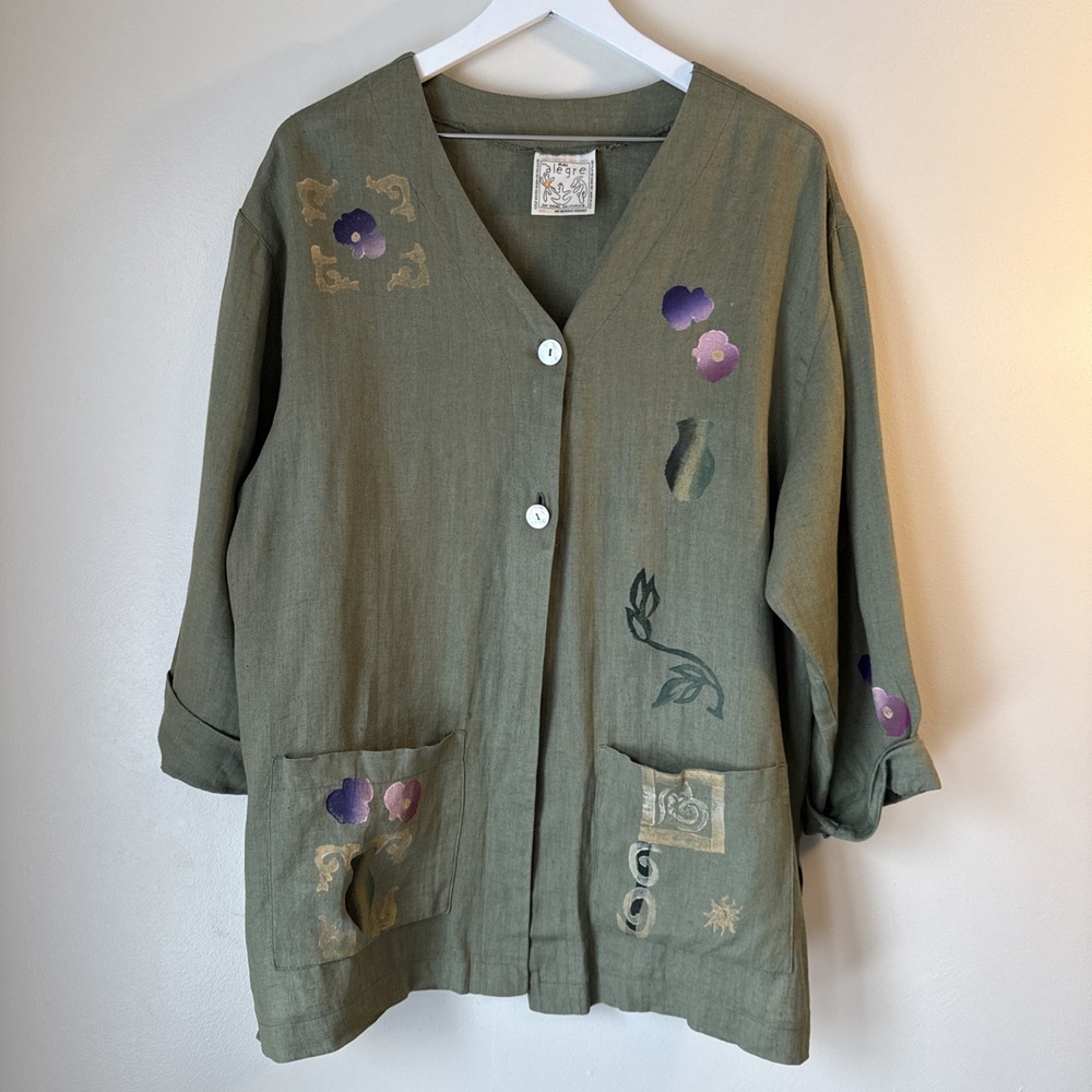 Play Alegre Linen Shirt Jacket Green Size L Hand Painted Art to Wear Lagenlook